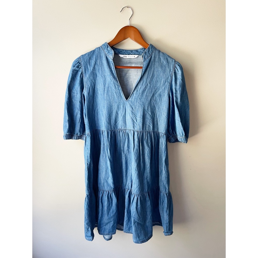 Zara Denim Chambray Mini Dress Tiered Summer Short Sleeve Blogger XS
